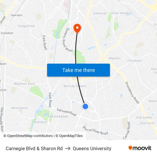 Carnegie Blvd & Sharon Rd to Queens University map