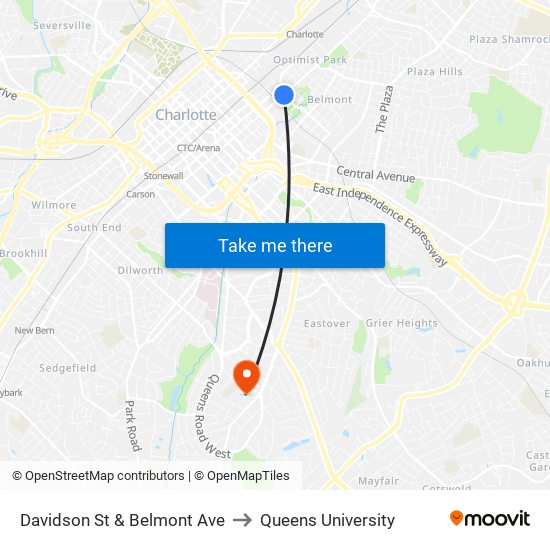 Davidson St & Belmont Ave to Queens University map