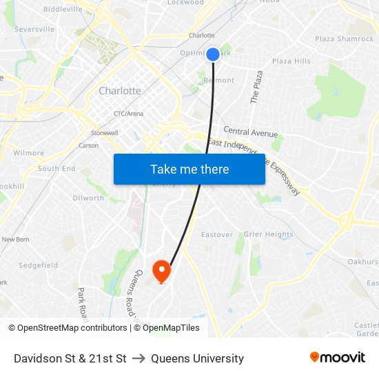 Davidson St & 21st St to Queens University map