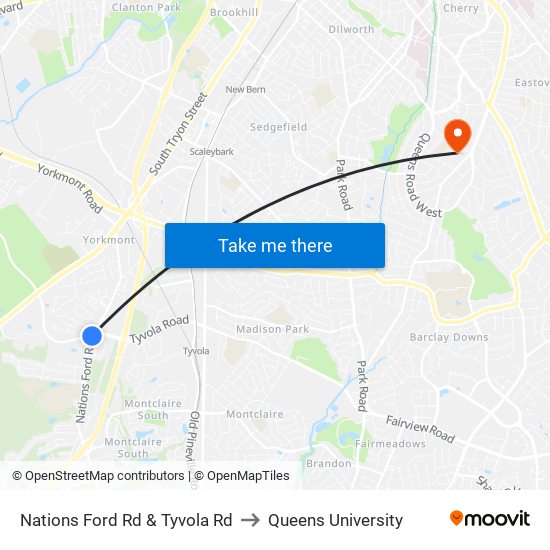 Nations Ford Rd & Tyvola Rd to Queens University map