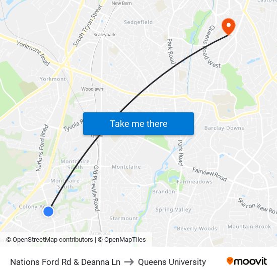 Nations Ford Rd & Deanna Ln to Queens University map