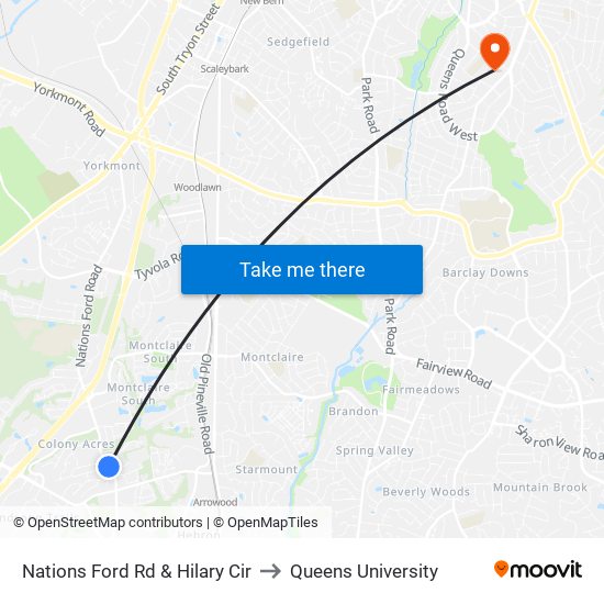 Nations Ford Rd & Hilary Cir to Queens University map