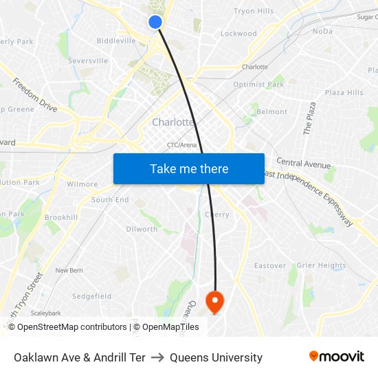 Oaklawn Ave & Andrill Ter to Queens University map