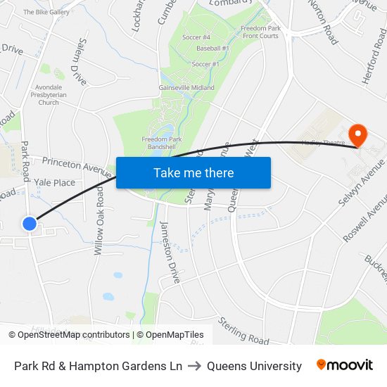 Park Rd & Hampton Gardens Ln to Queens University map
