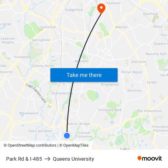 Park Rd & I-485 to Queens University map