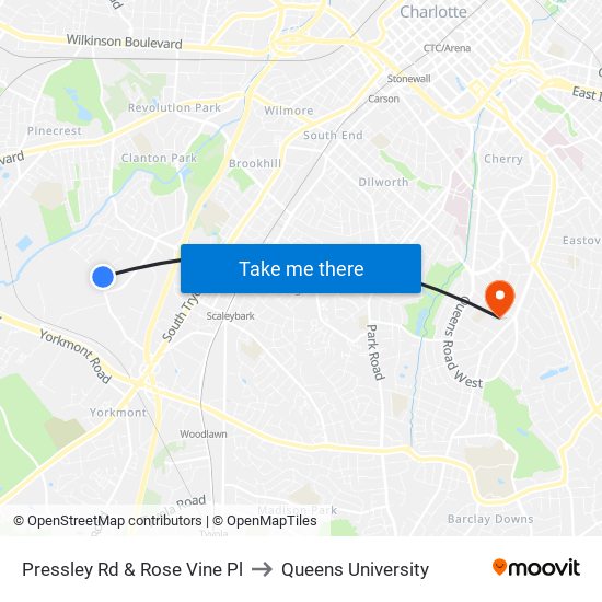 Pressley Rd & Rose Vine Pl to Queens University map