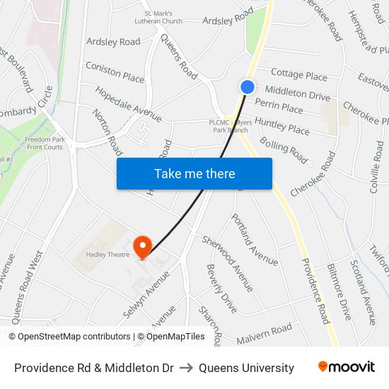 Providence Rd & Middleton Dr to Queens University map