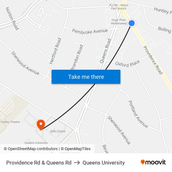 Providence Rd & Queens Rd to Queens University map