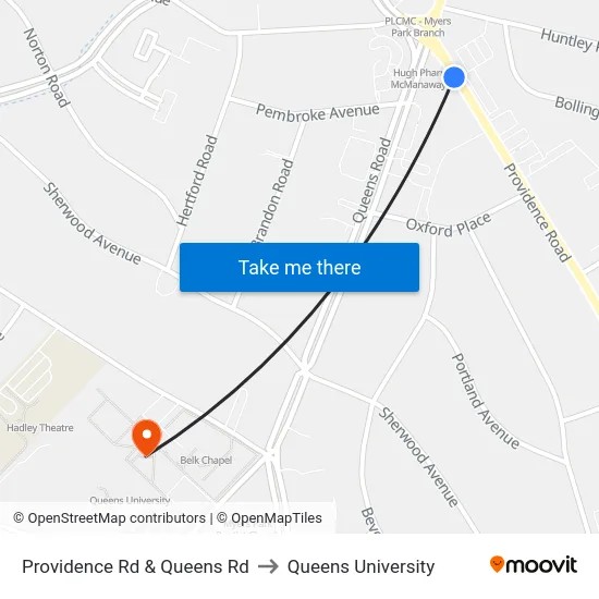 Providence Rd & Queens Rd to Queens University map