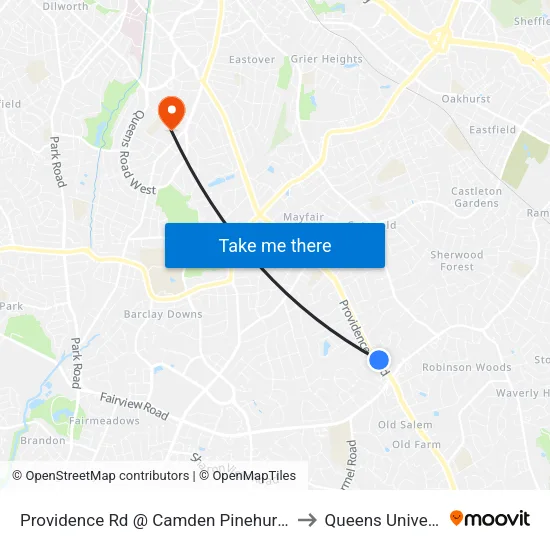 Providence Rd @ Camden Pinehurst Apts to Queens University map