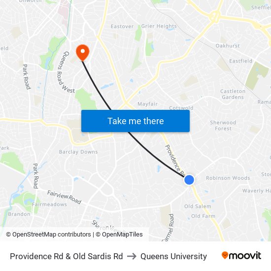 Providence Rd & Old Sardis Rd to Queens University map
