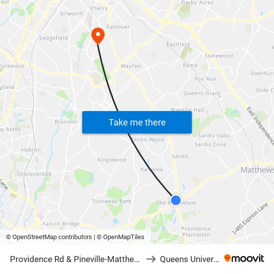 Providence Rd & Pineville-Matthews Rd to Queens University map