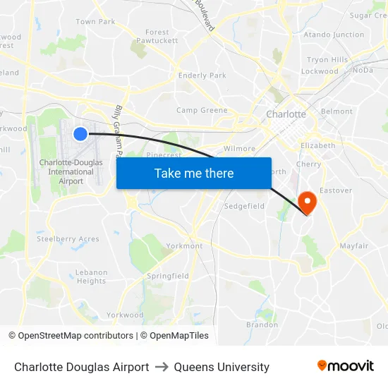 Charlotte Douglas Airport to Queens University map
