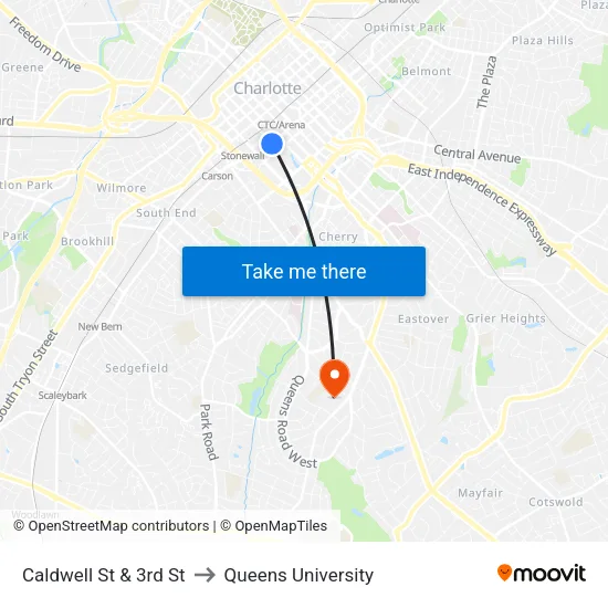 Caldwell St & 3rd St to Queens University map
