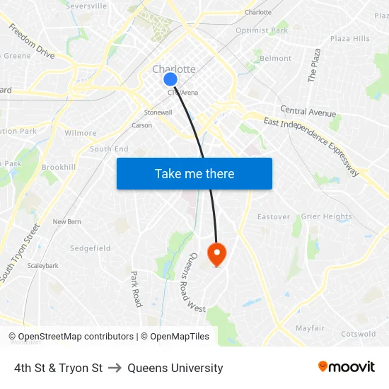 4th St & Tryon St to Queens University map