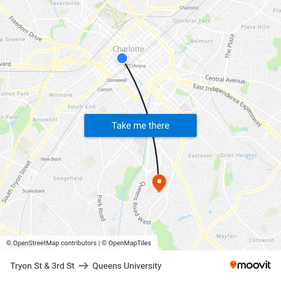 Tryon St & 3rd St to Queens University map