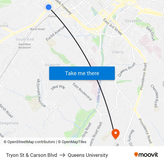 Tryon St & Carson Blvd to Queens University map