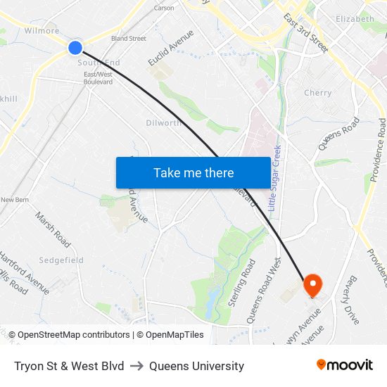 Tryon St & West Blvd to Queens University map