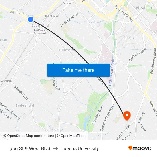 Tryon St & West Blvd to Queens University map