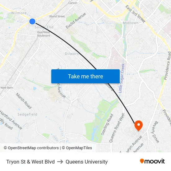 Tryon St & West Blvd to Queens University map