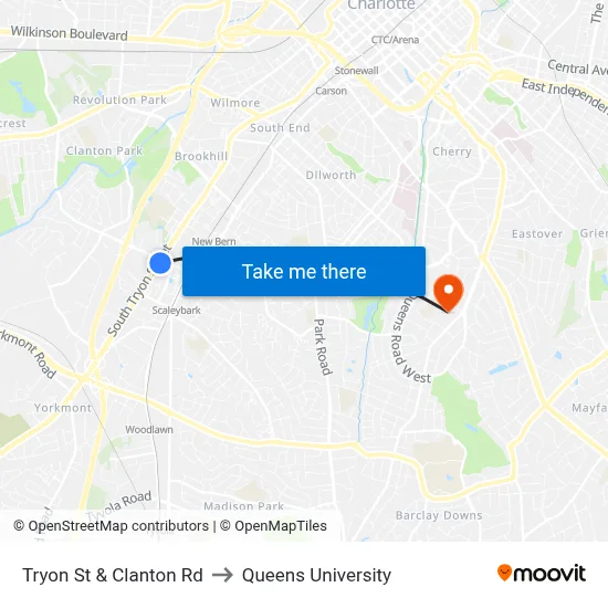 Tryon St & Clanton Rd to Queens University map