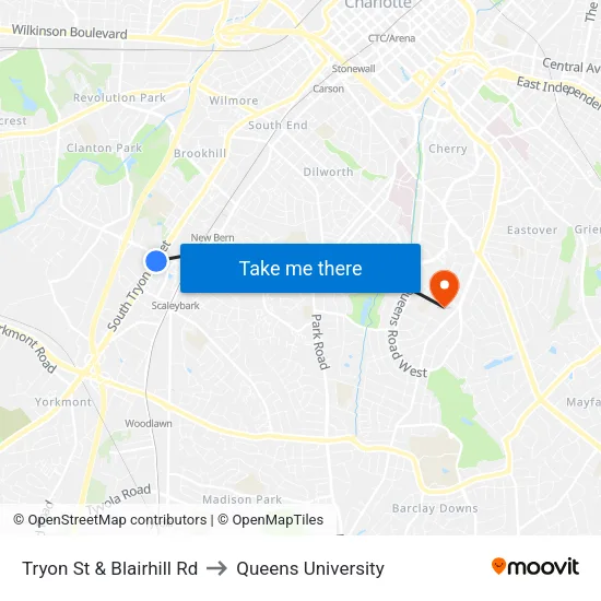 Tryon St & Blairhill Rd to Queens University map