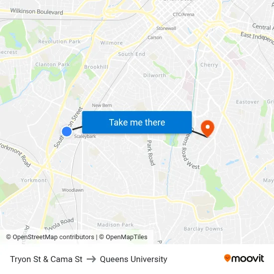 Tryon St & Cama St to Queens University map