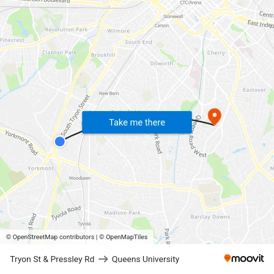 Tryon St & Pressley Rd to Queens University map