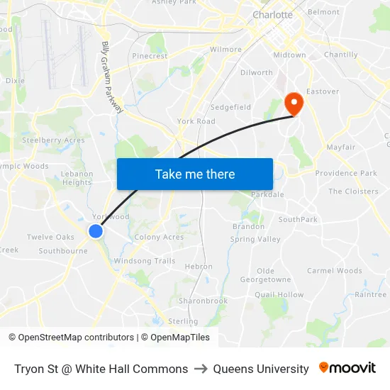 Tryon St @ White Hall Commons to Queens University map
