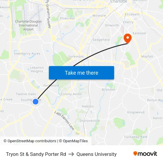 Tryon St & Sandy Porter Rd to Queens University map