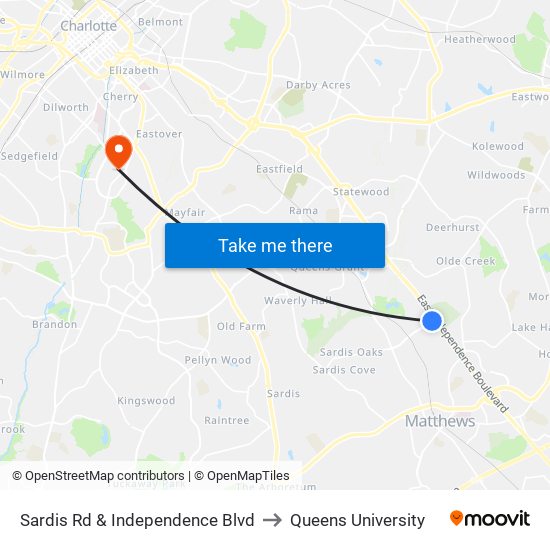 Sardis Rd & Independence Blvd to Queens University map