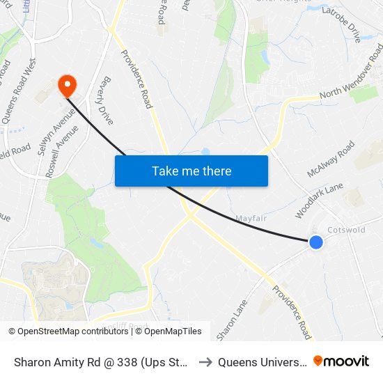 Sharon Amity Rd @ 338 (Ups Store) to Queens University map