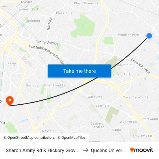 Sharon Amity Rd & Hickory Grove Rd to Queens University map