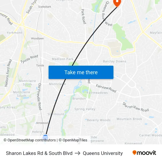 Sharon Lakes Rd & South Blvd to Queens University map