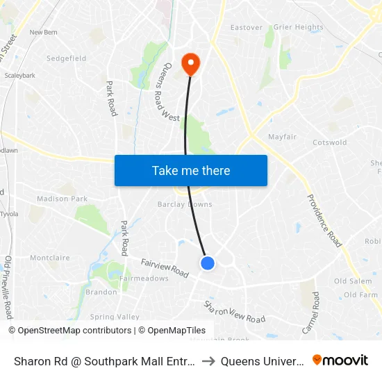 Sharon Rd @ Southpark Mall Entrance to Queens University map