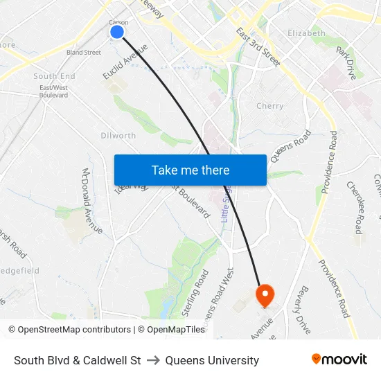 South Blvd & Caldwell St to Queens University map