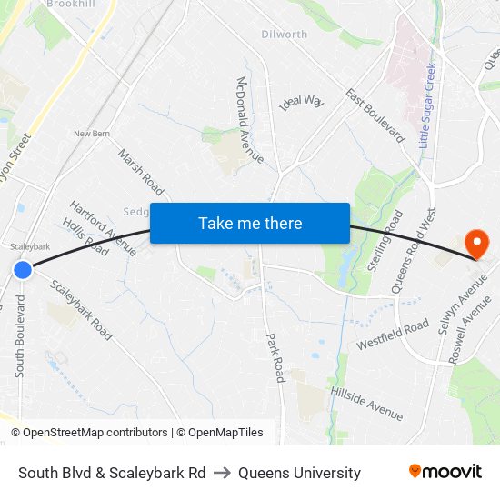 South Blvd & Scaleybark Rd to Queens University map