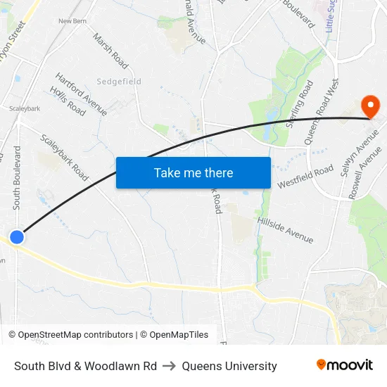 South Blvd & Woodlawn Rd to Queens University map
