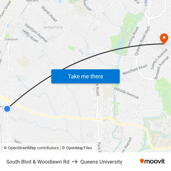 South Blvd & Woodlawn Rd to Queens University map