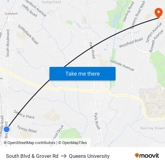 South Blvd & Grover Rd to Queens University map