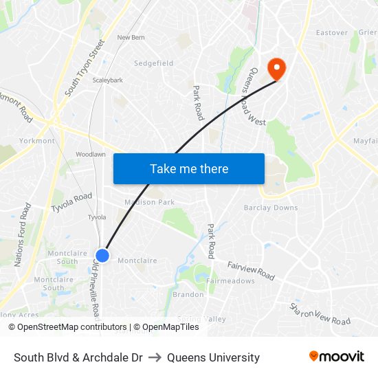 South Blvd & Archdale Dr to Queens University map