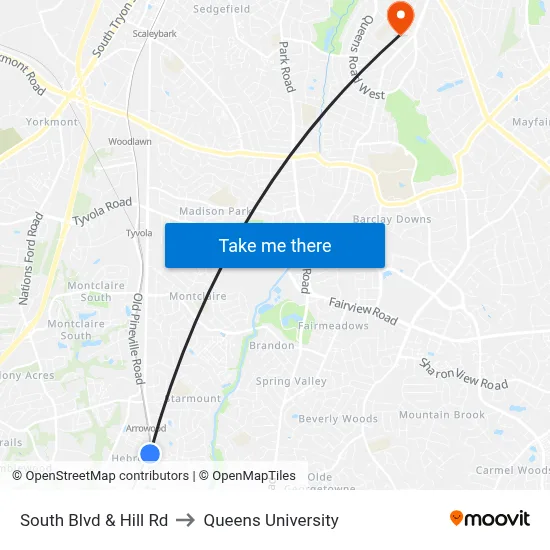 South Blvd & Hill Rd to Queens University map