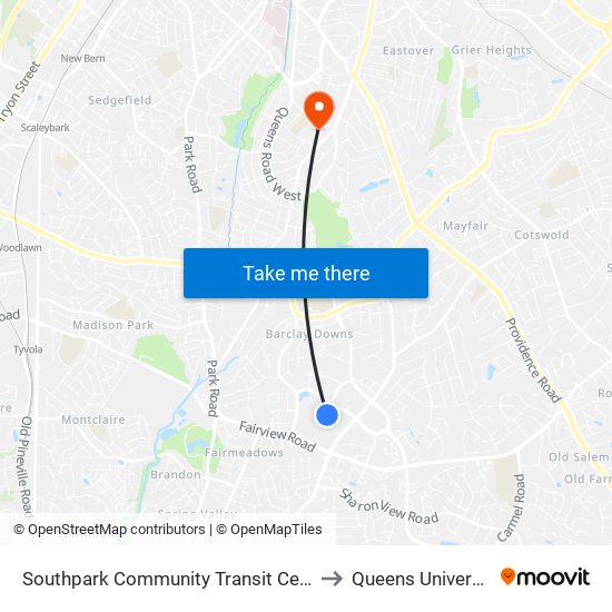 Southpark Community Transit Center to Queens University map