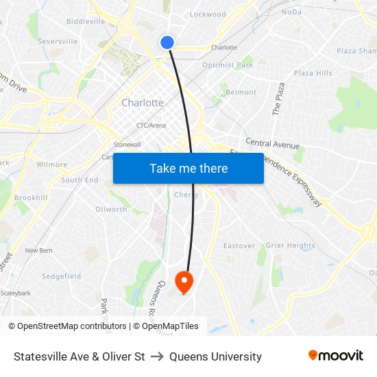 Statesville Ave & Oliver St to Queens University map