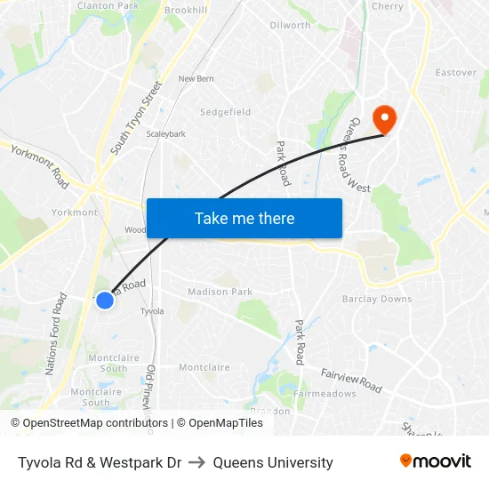 Tyvola Rd & Westpark Dr to Queens University map