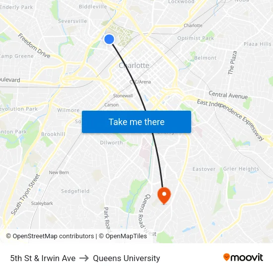 5th St & Irwin Ave to Queens University map