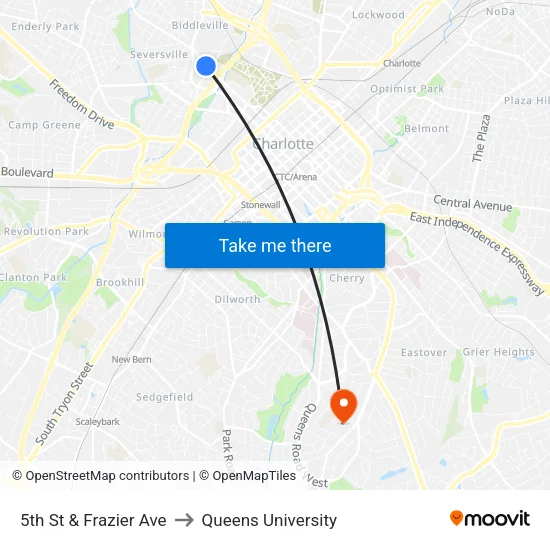 5th St & Frazier Ave to Queens University map