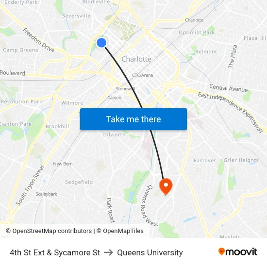 4th St Ext & Sycamore St to Queens University map