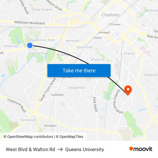 West Blvd & Walton Rd to Queens University map