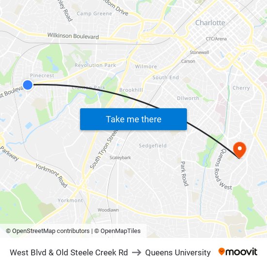 West Blvd & Old Steele Creek Rd to Queens University map